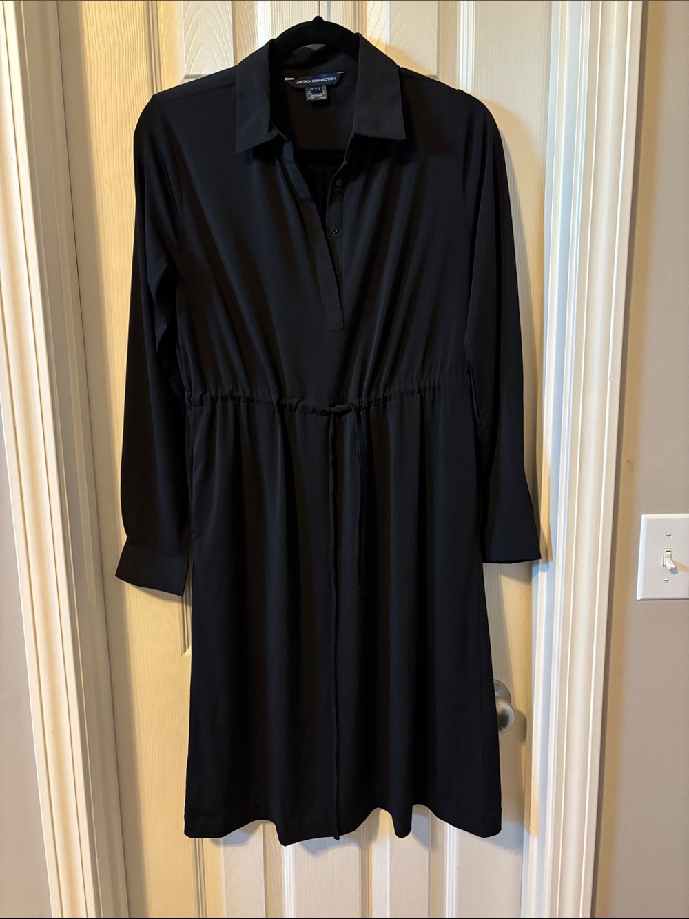 French Connection Black Long-Sleeve Collared Drawstring Waist Dress
